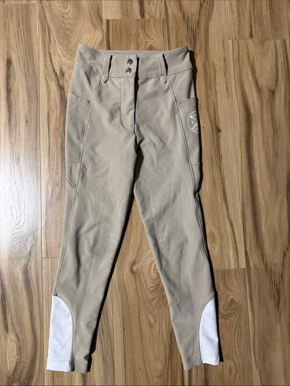 Free Ride Equestrian Kids Riding Leggings in Light Taupe with White Ankle Panels